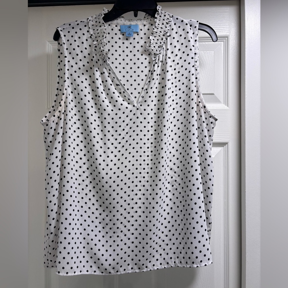 CeCe Black and White Polka Dot V-Neck Blouse